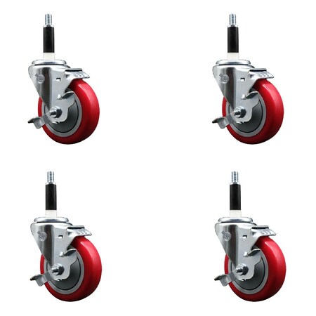Service Caster 4'' Red Poly Swivel 7/8'' Expanding Stem Caster Set with Brake, 4PK SCC-EX20S414-PPUB-RED-TLB-78-4
